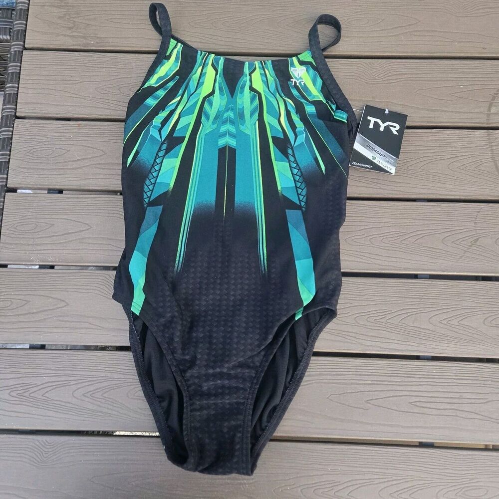 TYR Durafast Bravos Diamondfit One-Piece Swimsuit Green Size 34 New